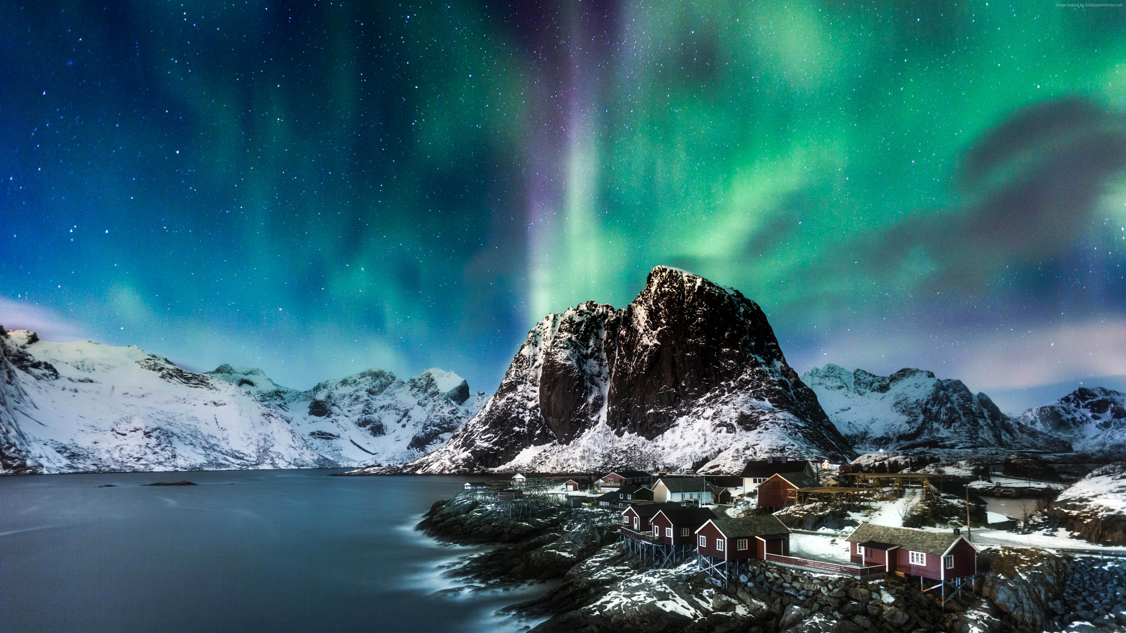 Wallpaper Norway, Lofoten islands, Europe, Mountains, sea, night, northern lights, 5k, Travel